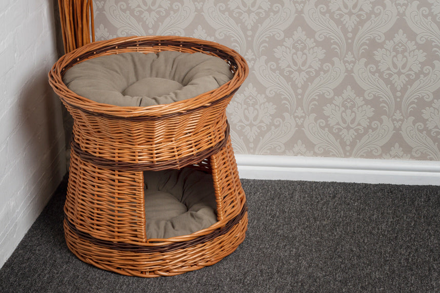 Prestige Wicker Cat Tower Basket with Pillows Natural